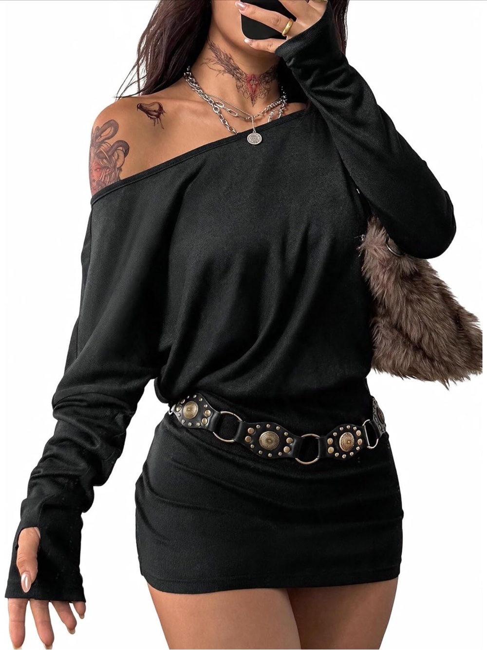 Sexy Black One-Shoulder Long Sleeve Mini Dress